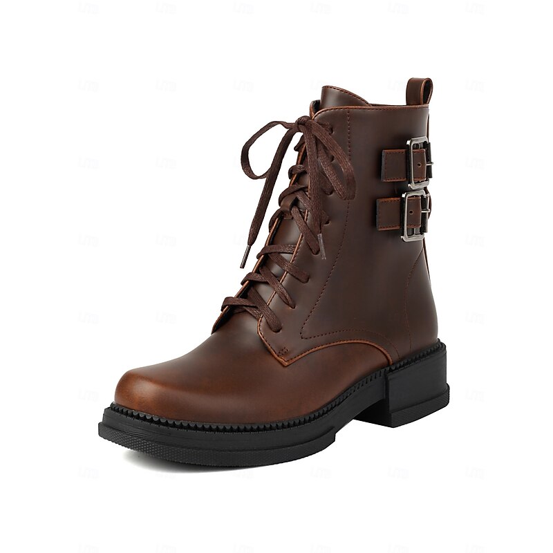 Women's Boots Work Boots Daily Booties Ankle Boots Buckle Low Heel Round Toe Classic Casual Industrial Style Microbial Leather Zipper Lace-up Light Brown Dark Brown Black2