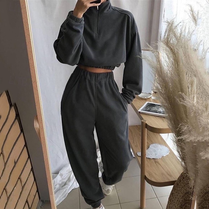 Women's Fashion Streetwear Pants Sets Bolero Top Sweatshirt Long Sleeve Stand Collar Solid Color Zipper Outdoor Work Casual Black Spring Regular Fit2