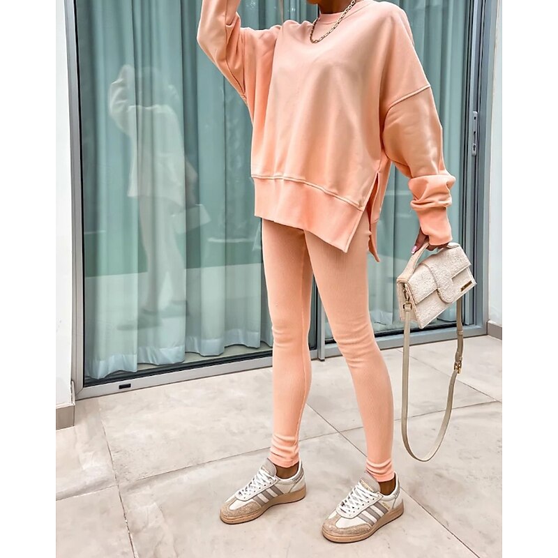 Women's Active Streetwear Blouse Pants Sets Sweatshirt Long Sleeve Crew Neck Solid Color Split Thigh Vacation Daily Wear Going out Pink Red Orange Fall Regular Fit2
