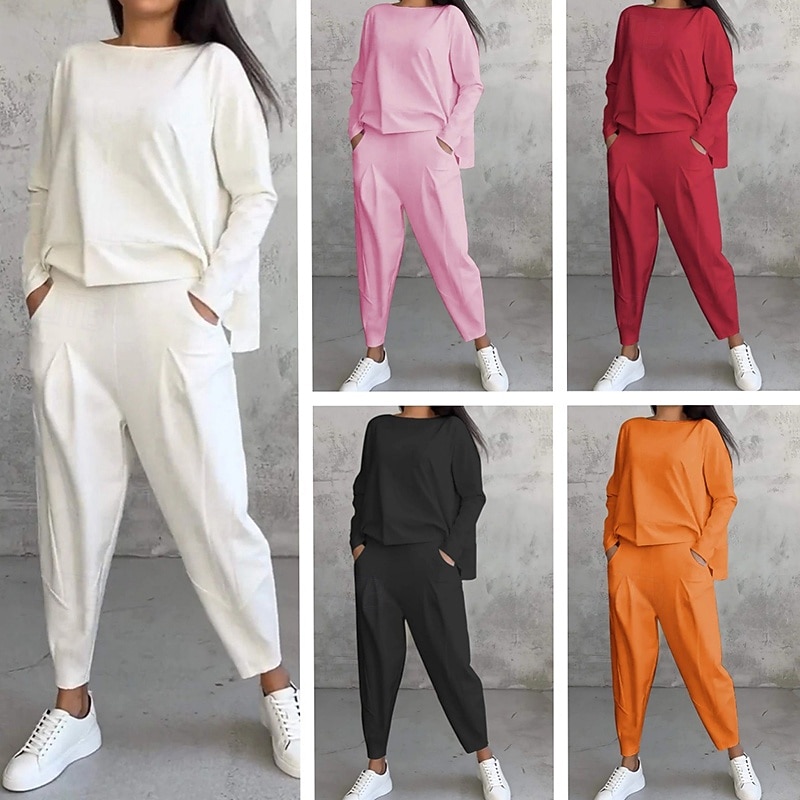 Women's Pullover Sweatsuit Sets 2 Piece Tracksuit Lounge Outfits  with Pocket Solid Colored Clothing Suit Fall Black White Gym Running Fitness Lightweight Breathable Long Sleeve Sport Activewear