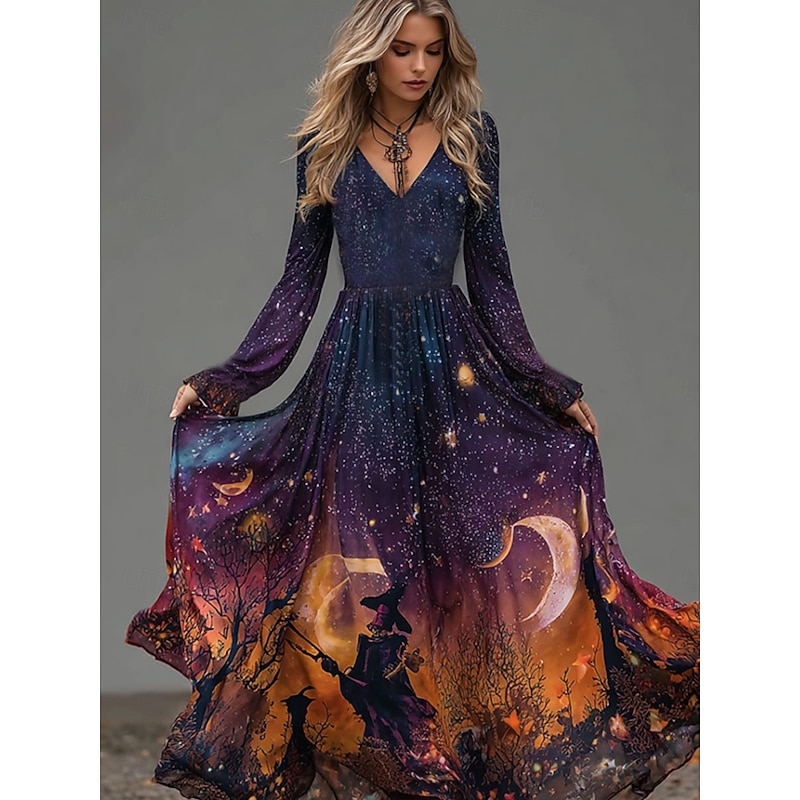 Halloween Women's Maxi Dress A Line Dress Boho Date Regular Fit Ombre Long Sleeve V Neck Purple Fall Winter