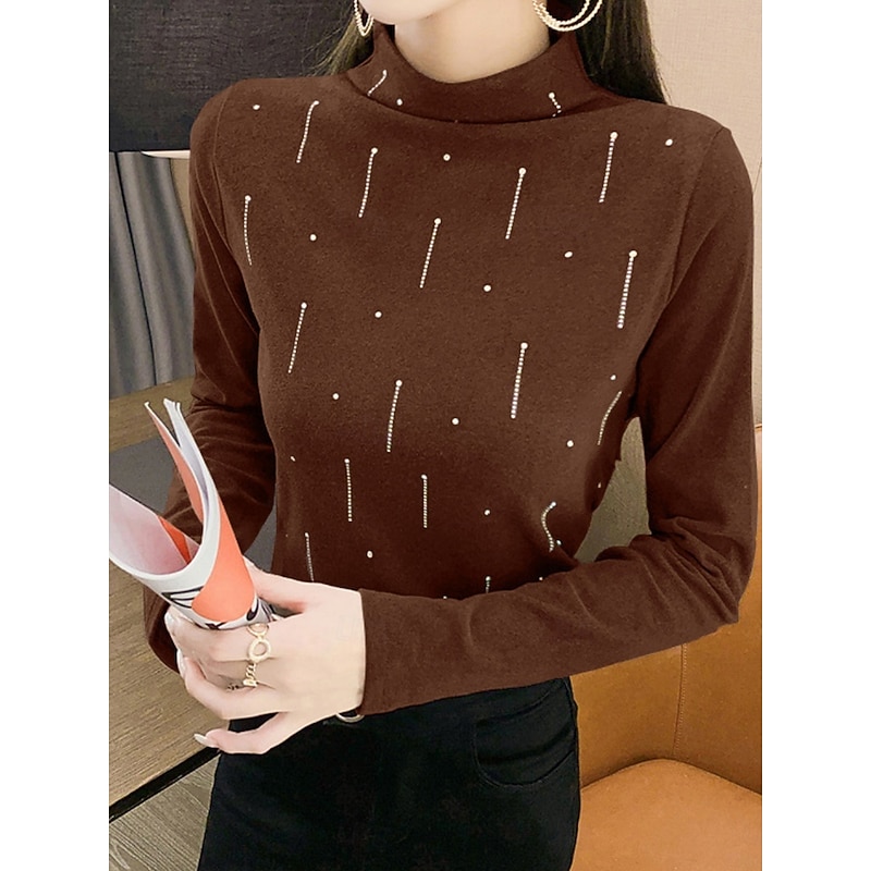 Women's Blouse Solid Color Stylish Casual Long Sleeve Turtleneck Regular Tops Daily Black White Brown Spring Fall Winter - Main Image