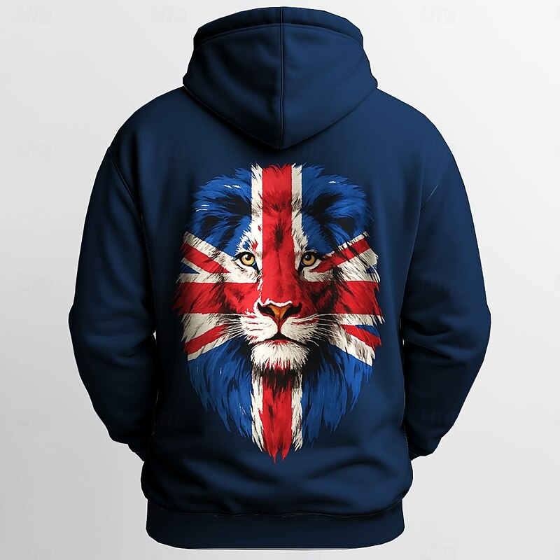 Men's Flag Lion UK Hoodie Sweatshirt Sports Fashion Crew Neck Outdoor Office Streetwear Black White Drawstring 3D Fall Winter Designer4