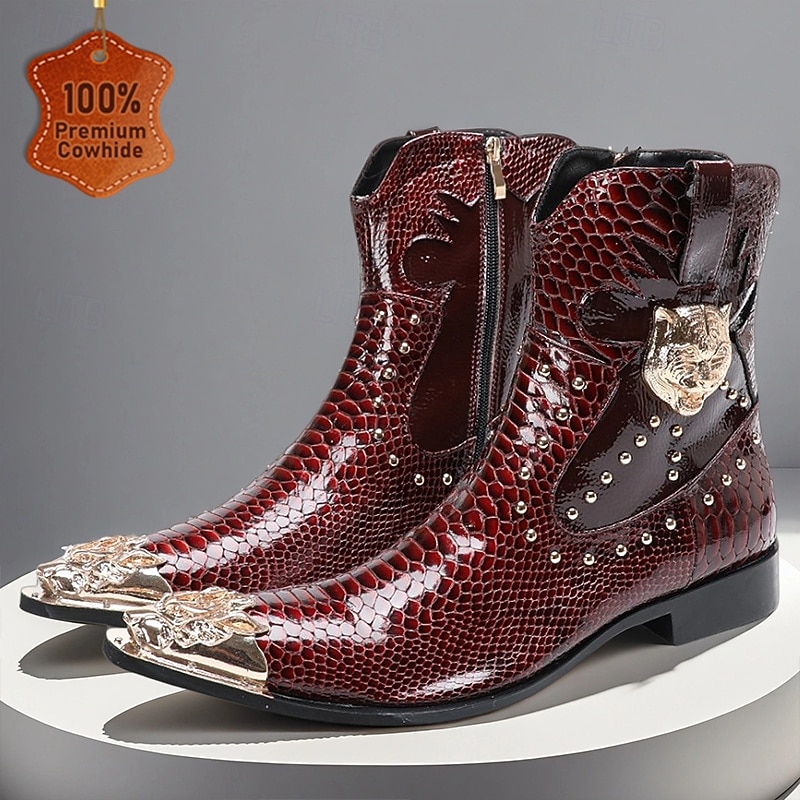 Men's Burgundy Genuine Leather Snake Print Ankle Boots with Metal Buckle – Gothic Punk Party Shoes