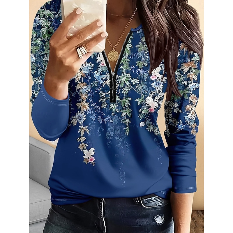 Women's T Shirt Floral Graphic Vintage Fashion Stylish Long Sleeve Crew Neck Regular Tops Daily Zipper Print Yellow Blue Green Spring Fall Winter2