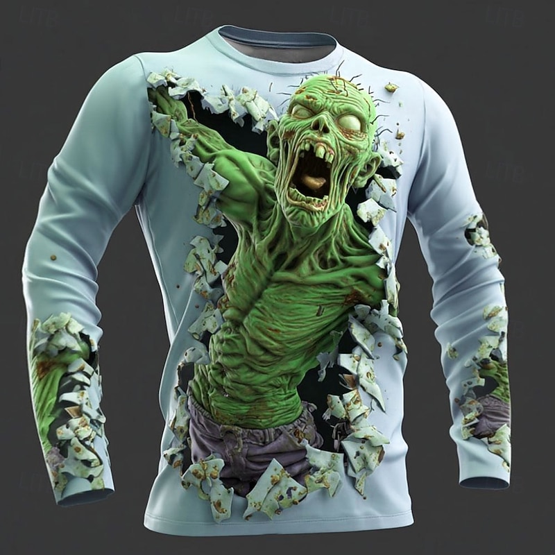 Halloween Men's Zombies 3D T Shirt Long Sleeve T shirt 3D Print Crew Neck Shirt Fashion Exaggerated Street Casual Daily Green 1# Green 2# Pink Summer Spring Fall Clothing Apparel S M L XL XXL XXXL2