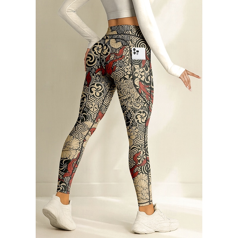 Women's pilates leggings fitness pants Gym Leggings Pockets Stamp Duty Side Pockets Pilates Gym Gym Workout Pants Tights Leggings Animal Patterned Boho Red Sports Activewear Stretchy Tight Fit