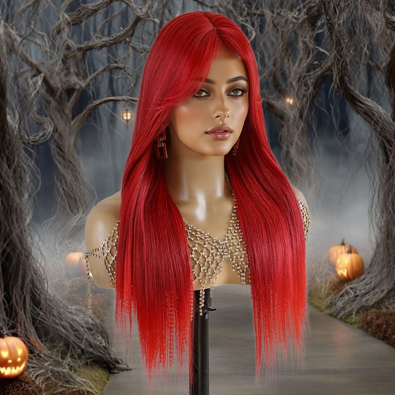 Synthetic Wig Straight Natural Straight Middle Part Neat Bang Wig 24 inch Red / Green Synthetic Hair 24 inch Women's Cute Soft Comfy Red3