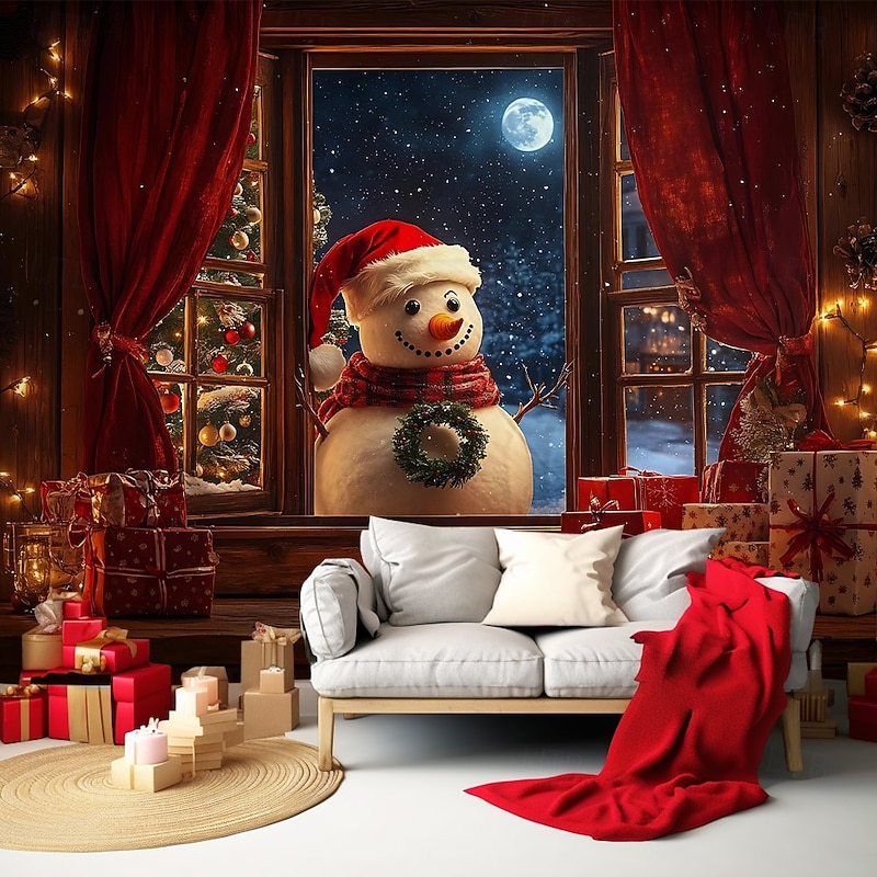 Chrismas Hanging Tapestry Snowman Outside Window Santa Claus Christmas Tree Large Wall Art Mural Decor Blanket Curtain Holiday Home Bedroom Living Room Festive Seasonal Party Decoration3