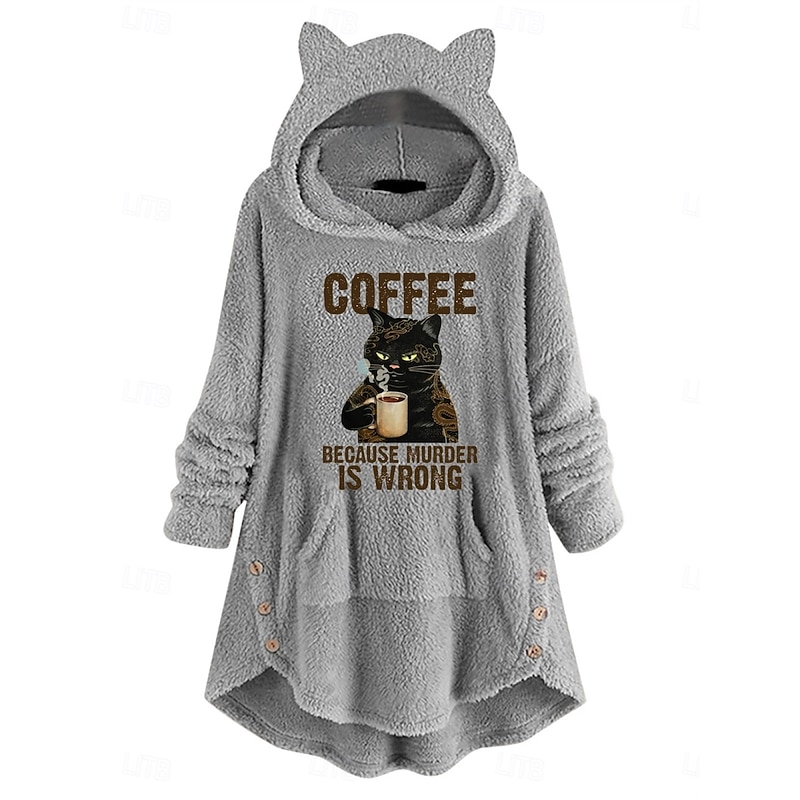 Women's Pullover Hoodie Sweatshirt Cat Casual Long Sleeve Hooded Long Tops Street Dailywear Casual Pink Wine Gray Fall Winter3