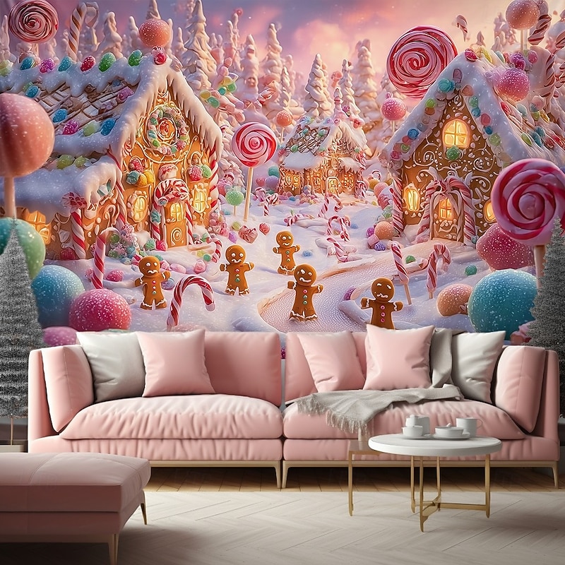 Christmas Wall Tapestry Backdrop, Gingerbread House Village with Candy Canes and Snowy Wonderland,2025 Xmas Festive Holiday Wall Hanging for Bedroom Living Room3