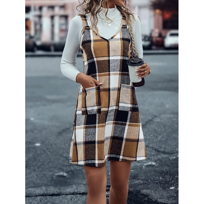 Women's Mini Dress Sheath Dress Backless Dress Casual Boho Daily Date Going out Regular Fit Graphic Plaid Sleeveless V Neck Pink Red Apricot Spring Fall Winter Autumn3