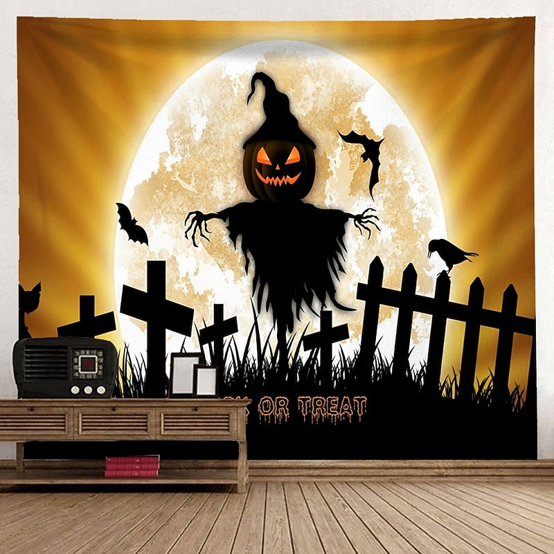 Halloween Scarecrow Tomb Bats Sunset Tapestry Peach Velvet Wall Banner Wooden Fence Bare Trees Party Decoration Bedroom Living Room Photography Background