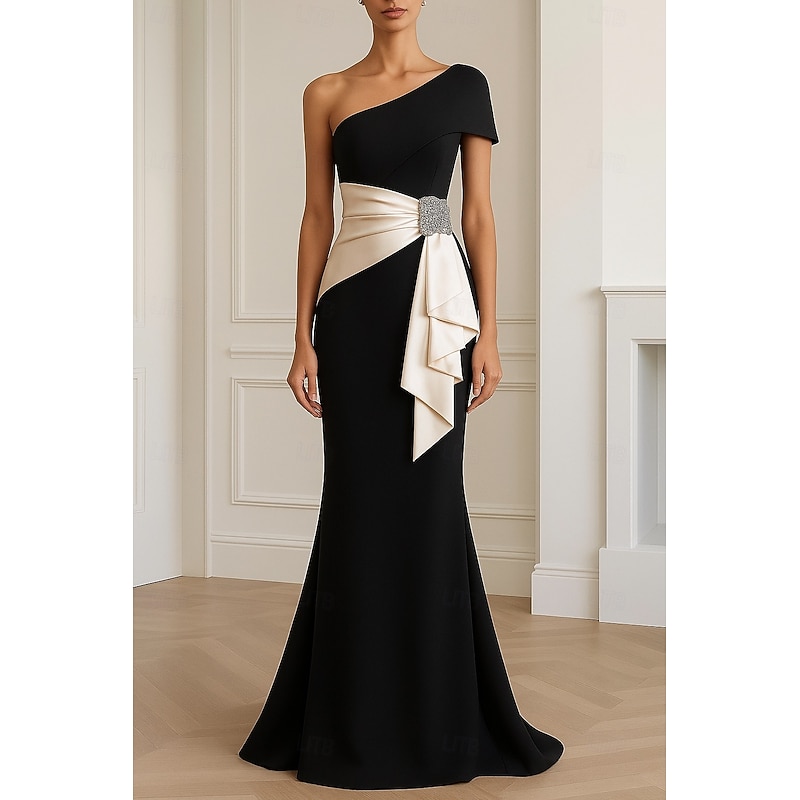 Black and White Mermaid Evening Gown Elegant Dress Formal Wedding Floor Length Sleeveless One Shoulder Stretch Crepe with Bow(s) Ruffles