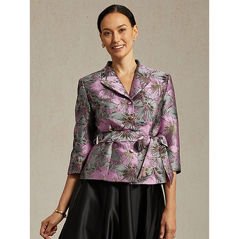 Women's Dressy Tops Floral Elegant Ladies Stylish 3/4 Length Sleeve Shirt Collar Regular Tops Wedding Guest Work Evening Party Purple Spring Fall Winter