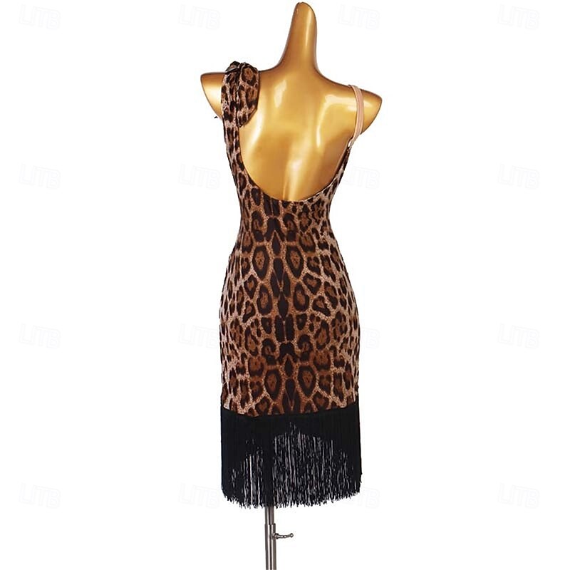 Women's Leopard Print Latin Dance Dress with Fringe Hem, Adjustable Strap, and Sexy Tie-Shoulder Detail – Perfect for Salsa, Rumba, and Performance Wear3