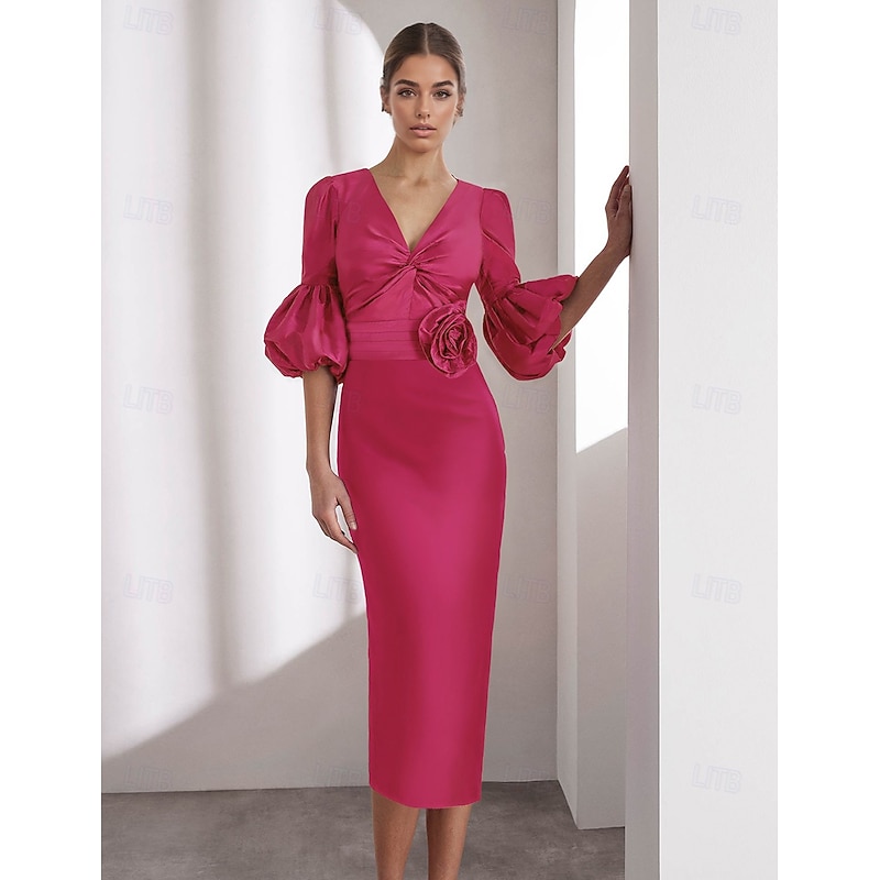 Column Satin Cocktail Dresses Elegant Formal Ankle Length Half Sleeve V Neck Pocket Italy Satin with Glitter Ruched