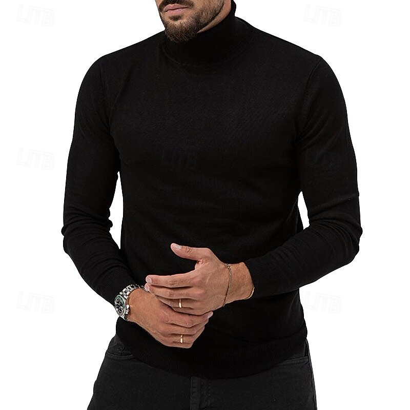 Men's Sweater Pullover Sweater Jumper Ribbed Knit Regular Tops Knitted Slim Fit Plain Turtleneck Knitwear Contemporary Casual Daily Wear Clothing Apparel Fall Winter Black Burgundy M L XL3