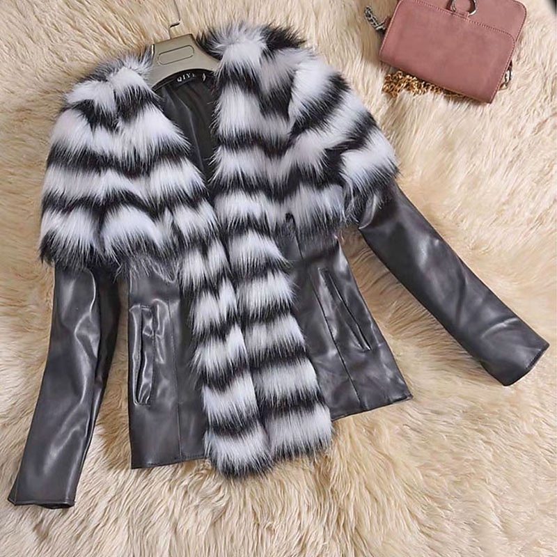 Women's Faux Leather Jacket Warm Comfortable Pocket Fashion Casual Stripe Vacation Street Casual Daily Wear Short V Neck Regular Fit Long Sleeve Outerwear Black And White Black Brown Fall Winter4