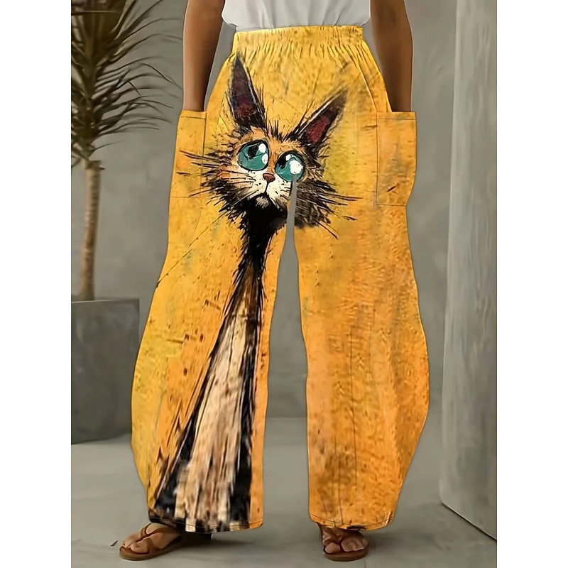 Women's Wide Leg Chinos Pants Trousers Vacation Fashion Casual Full Length High WaistPantsHalloween Cat Pocket Elastic Waistband Printing Comfy Soft Comfortable Stretchy Outdoor Street Black Yellow2
