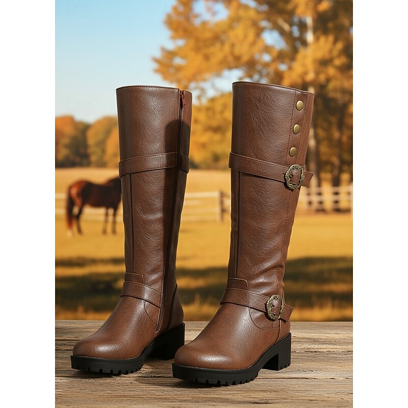 Women's Brown Faux Leather Knee-High Riding Boots with Vintage Buckle and Side Zip - Western Fall Boots for Outdoor Work, Music Festivals and Daily Streetwear