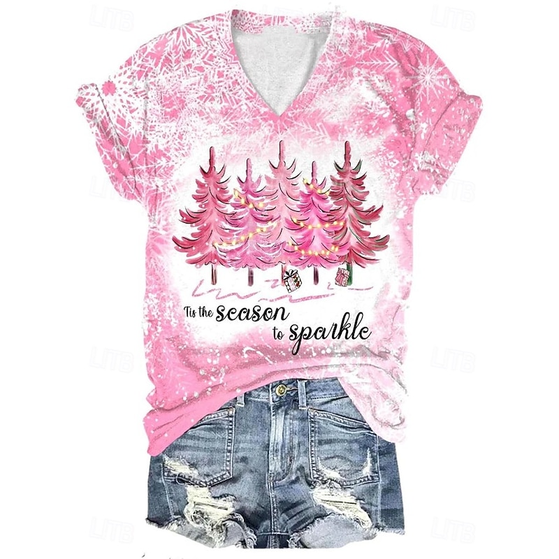 Christmas Women's T Shirt Graphic Christmas Tree Vintage Stylish Classic Short Sleeve V Neck Regular Tops Daily Print Black+White+Red Black and gray Black Pink Khaki Summer Spring Fall Winter4
