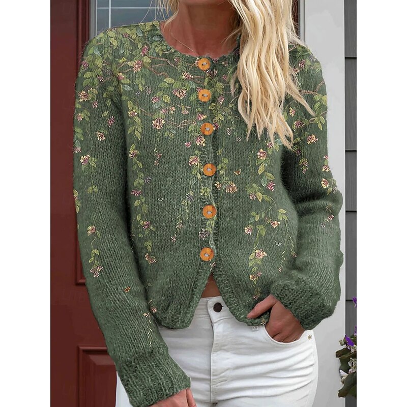 Women's Cardigan Fashion Daily Casual Floral Graphic Ribbed Crew Neck Buttons Print Long Sleeve Regular Tops Knit Outdoor Daily Date Green Spring Fall