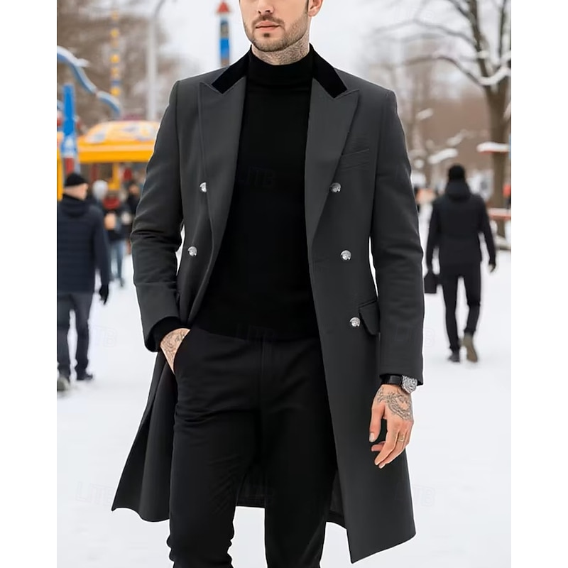 Men's Overcoat Trench Coat Long Trench Coat Vacation Daily Fall Winter Polyester Windproof Outerwear Clothing Apparel Fashion Classic Plain Pocket Lapel Double Breasted