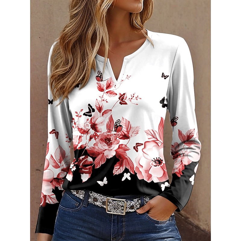 Women's T Shirt Floral Graphic Vintage Stylish Casual Long Sleeve Notched Neck Regular Tops Daily Weekend Print White Red Blue Purple Green Spring Fall Winter2