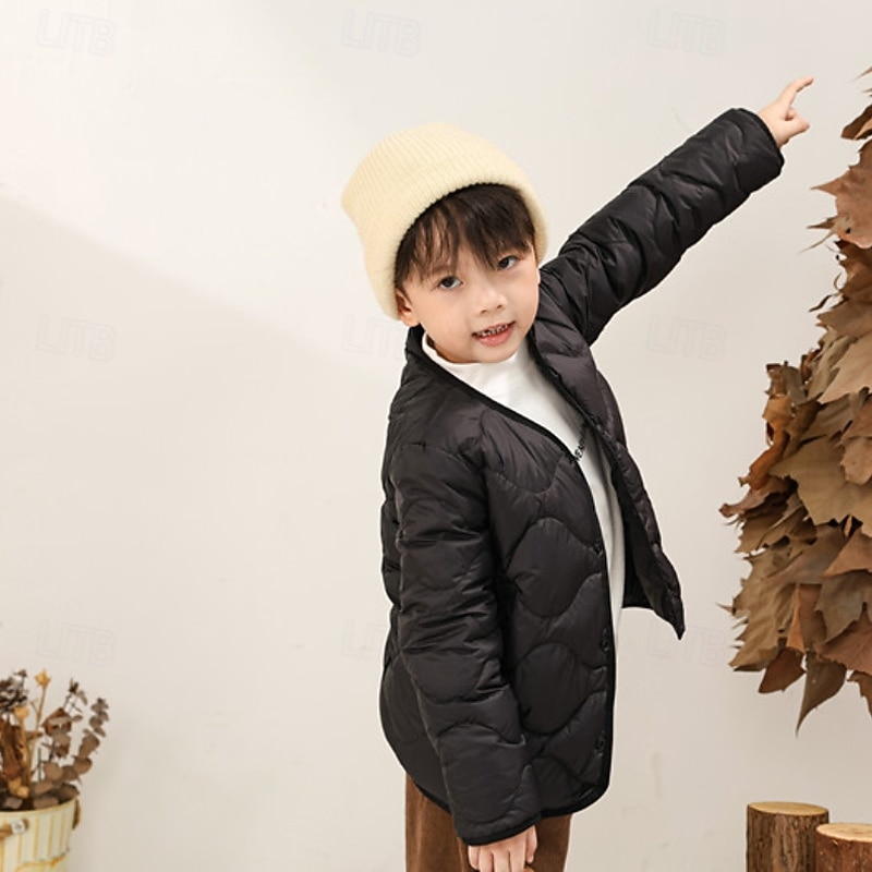 Kids Unisex Down Coat Puffer Jacket Outerwear Solid Color Long Sleeve Pocket Coat Outdoor Daily Black Pink Green Fall Winter 4 years+3