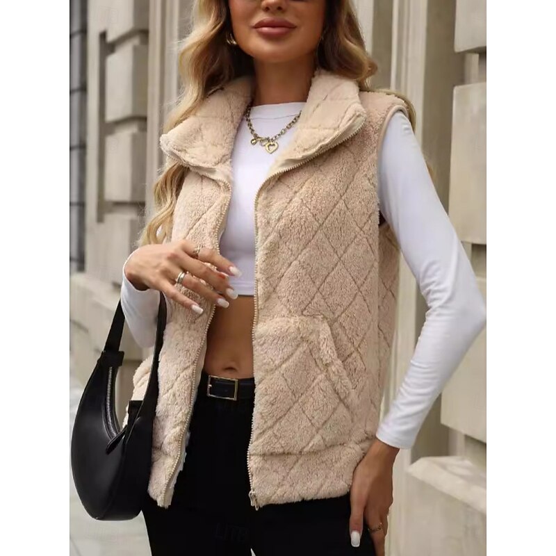 Women's Fleece Vest Sherpa Jacket Comfortable Breathable Zipper Pocket Casual Plain Vacation Street Casual Daily Wear Zipper Regular Turndown Regular Fit Sleeveless Outerwear Black Red Fuchsia Spring4