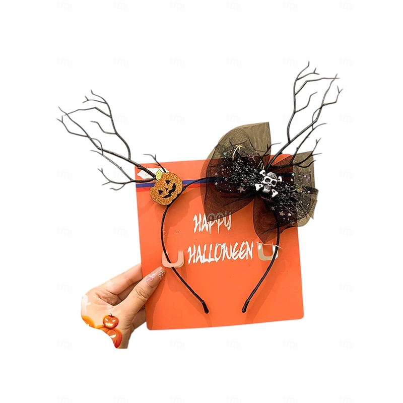 Women's Halloween Deer Antler Headband - Gothic Black Lace Hair Accessory with Pumpkin and Cat Ears for Costume Party and Cosplay3