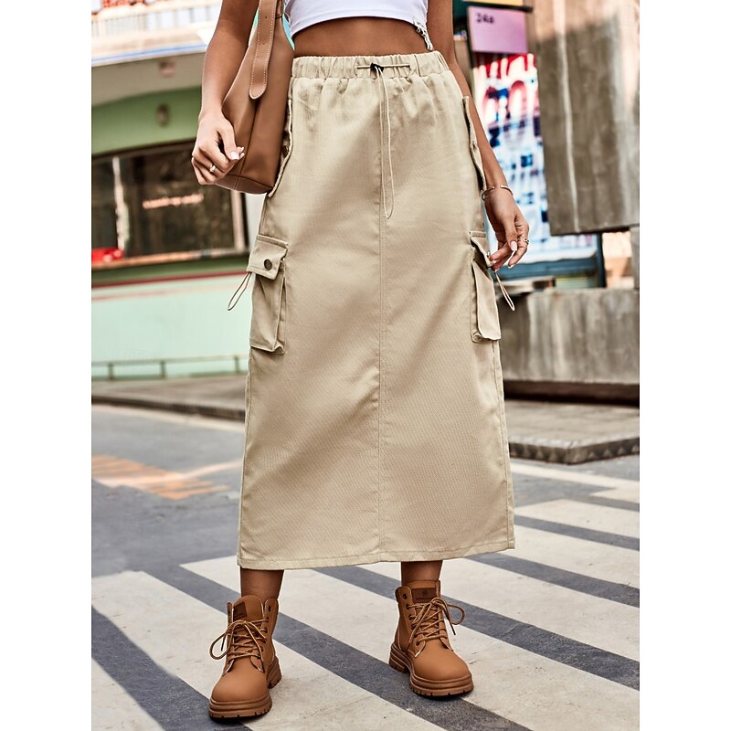 Women's Skirt A Line Fashion Casual Midi High Waist Skirts Plain Drawstring Pocket Micro-elastic Street Daily Black Army Green Khaki Light Grey Spring Cotton Blend Denim