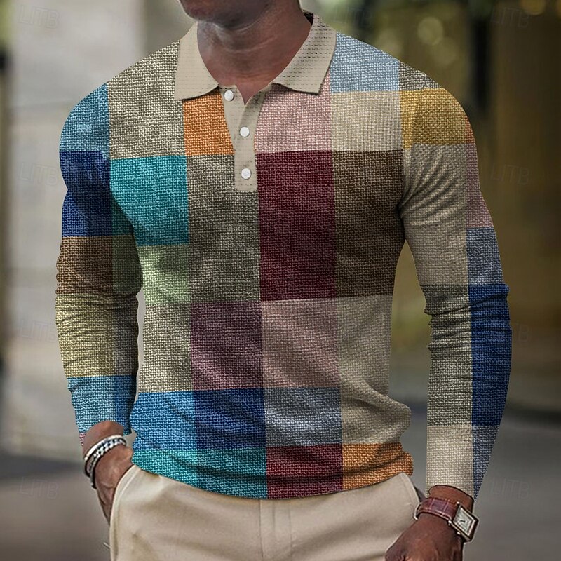 Men's Plaid Golf Shirt Long Sleeve Polo Shirts Collared Shirts Vintage Casual Vacation Wear Formal Wear Festival Wear Buttons 3D Print Spring Fall Winter Blue Orange Green