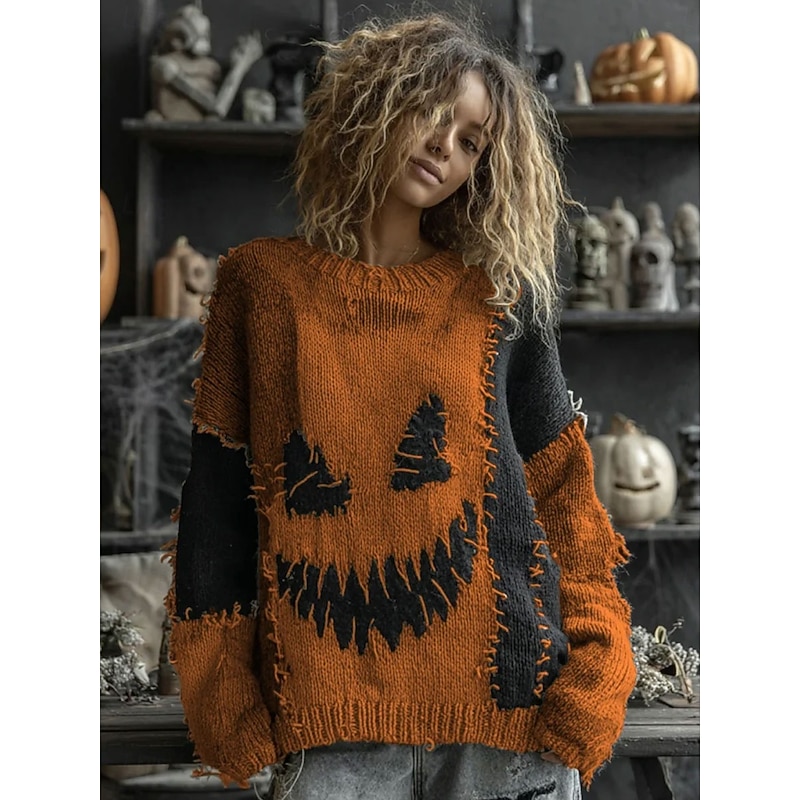Women's Sweater Cute Streetwear Casual Graphic Pumpkin Crew Neck Patchwork Knitted Long Sleeve Regular Tops Knit Halloween Orange Green Fall Winter3