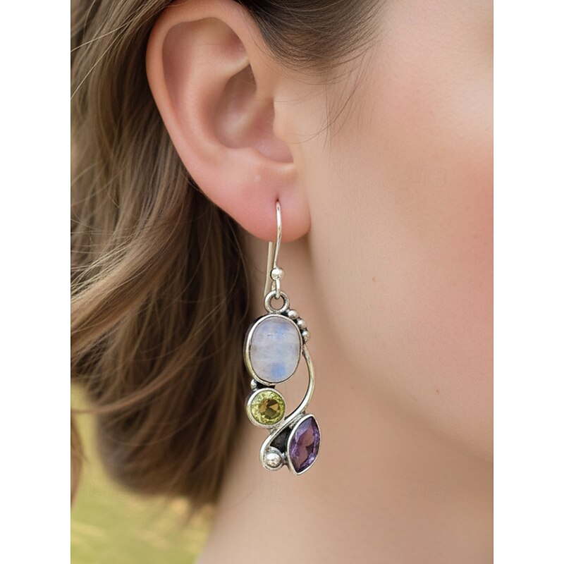 Women's Moonstone Dangle Earrings with Vintage Silver Design, Elegant Boho Jewelry for Parties, Weddings and Daily Wear4