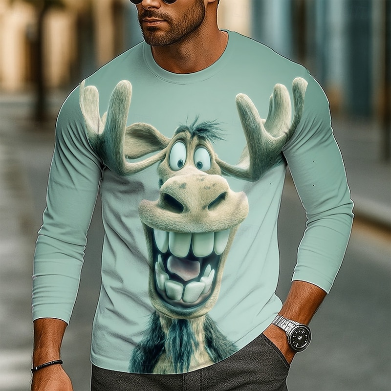 Men's Elk 3D Cartoon Funny T Shirt Long Sleeve T shirt 3D Print Crew Neck Shirt Fashion Basic Street Casual Daily Light Green Gray Summer Spring Clothing Apparel S M L XL XXL XXXL2