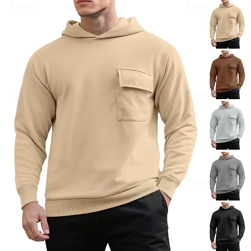 Men's Hoodie Pullover Hoodie Sweatshirt Fleece Hoodie Black Khaki Light Grey Dark Gray Coffee Hooded Plain Patchwork Sports & Outdoor Casual Daily Streetwear Cool Sportswear Spring &  Fall Clothing