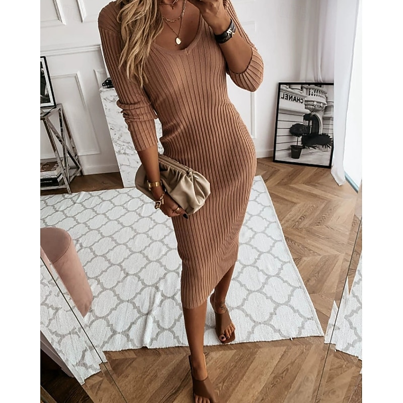 Women's Midi Dress Sweater Dress Casual Dress Elegant Fashion Modern Outdoor Daily Going out Regular Fit Plain Long Sleeve Crew Neck Black White Light Brown Blue Spring Fall Autumn