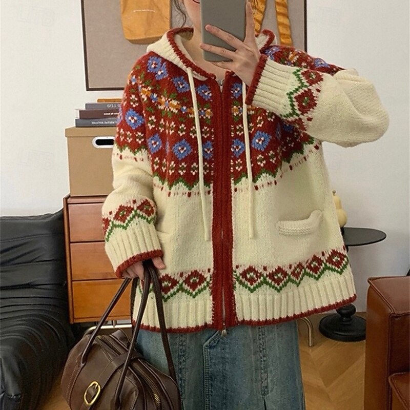 Women's Sweater Cardigan Fair Isle Sweater Fashion Casual Geometric Ribbed Hooded Zipper Knitted Print Long Sleeve Regular Tops Knit Christmas Outdoor Daily Beige Fall Winter3