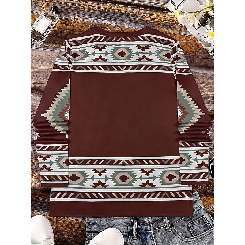 Women's T Shirt Graphic Geometric Tribal Vintage Stylish Classic Long Sleeve V Neck Regular Tops Daily Print Maroon Spring Fall Winter3