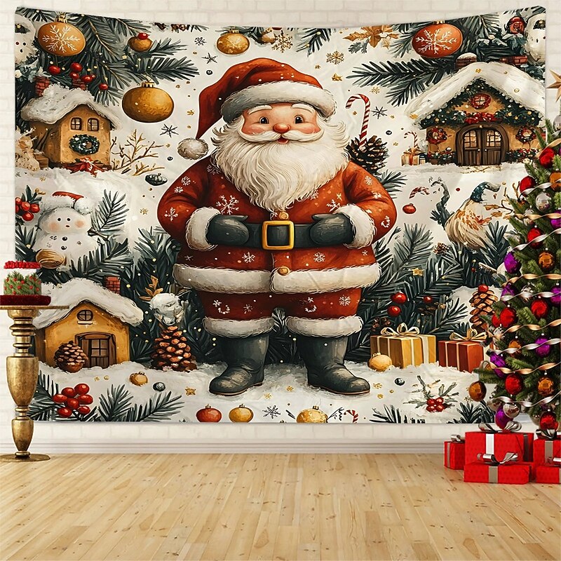 Chrismas Hanging Tapestry Santa Claus Peeking Christmas Tree Gingerbread House Ornament Balls Large Wall Art Mural Decor Blanket Curtain Holiday Home Bedroom Living Room Festive Party Decoration3