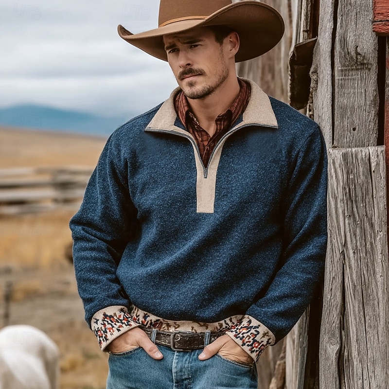 Men's Tribal Cowboy Sweatshirt Ethnic Vintage Retro Stand Collar Outdoor Work Gift Blue Brown Zipper Fall Winter Designer