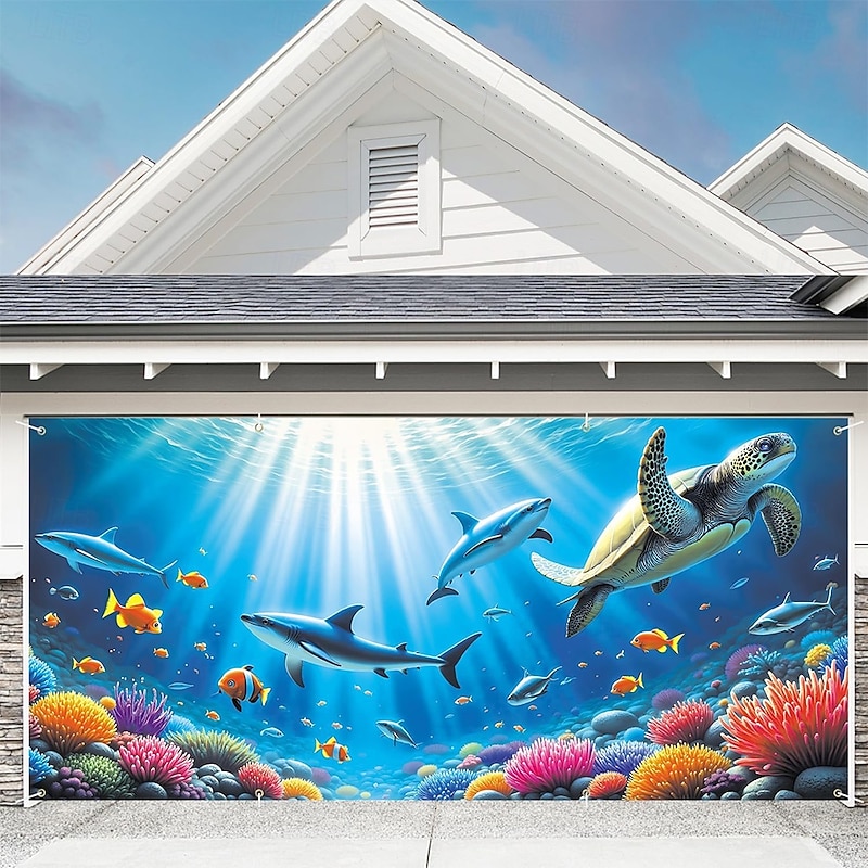 Tapestry Garage Door Cover Large Hanging Backdrop Sea Turtle Sharks Ocean Tropical Colorful 3D Party Outdoor Shooting Backgrounds Front Door Home Decor