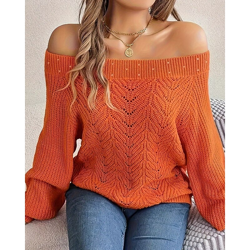 Women's Sweater Pullover Streetwear Casual Solid Color Off Shoulder Hollow Out Knitted Long Sleeve Regular Tops Knit Holiday Going out Weekend Blue Orange Spring Fall