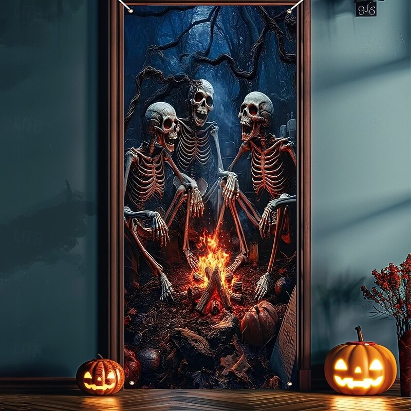 Halloween Door Covers Skull Bonfire and Dead Tree Tapestry Door Curtain Decoration, Spooky Horror Backdrop Door Banner for Front Door Indoor Outdoor Haunted House Party Decor2