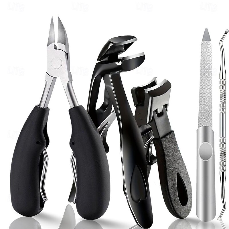 5pcs/set Stainless Steel Nail Clippers Set, Large Opening Toenail Clippers with Non-Slip Rubber Handle, Sharp Blades Anti-Splash Fingernail Cutter for Thick Nails
