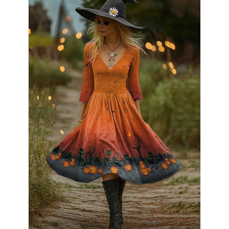 Halloween Women's Witch Print Midi Dress A Line Dress Vacation Party Casual Party Regular Fit Graphic Pumpkin Long Sleeve V Neck Black Purple Orange Brown Spring Fall