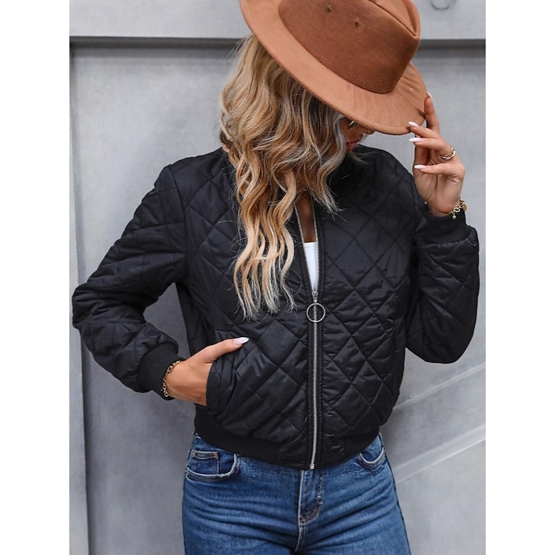 Women's Bomber Jacket Casual Jacket Comfortable Breathable Zipper Pocket Casual Plain Vacation Street Casual Daily Wear Zipper Short Stand Collar Regular Fit Long Sleeve Outerwear Navy Black Pink4