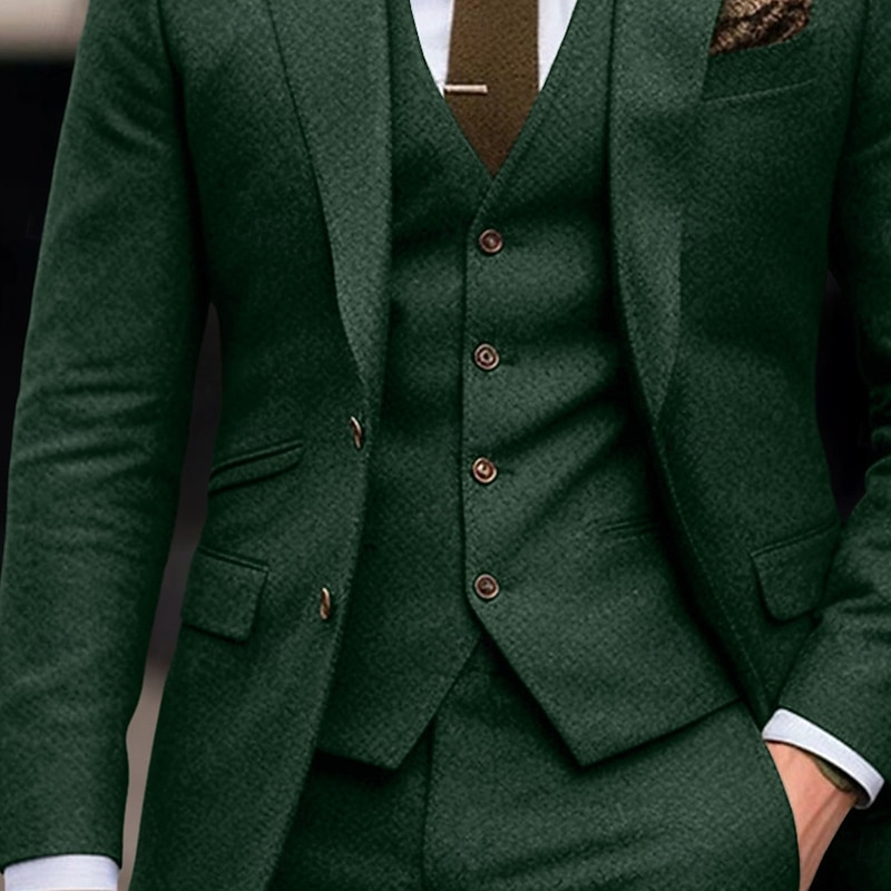 Green Men's Wedding Tweed Suits Solid Colored 3 Piece Retro Vintage Plus Size Single Breasted Two-buttons2